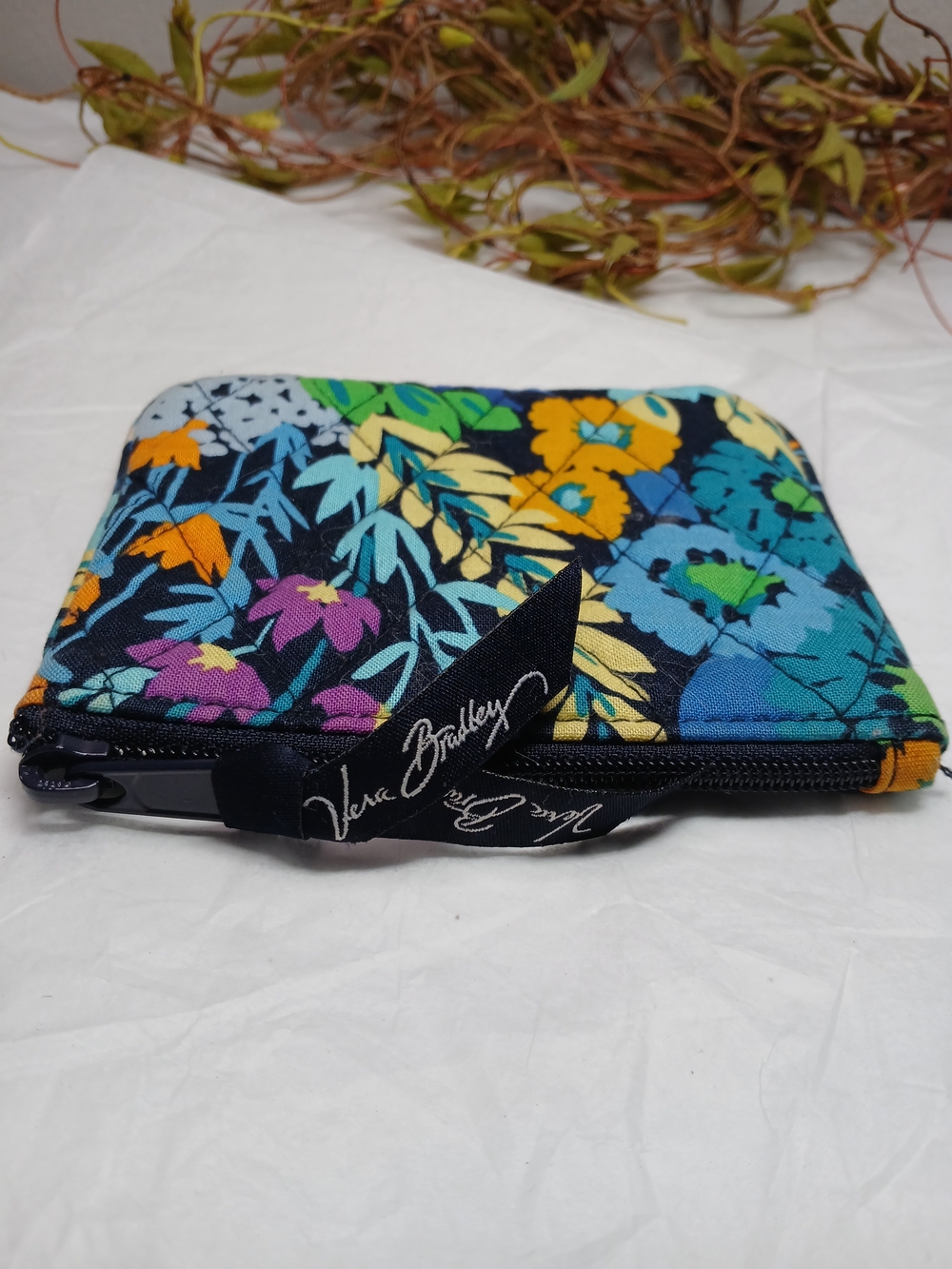 Vera Bradley Navy Floral Zip Card Wallet with Multicolor Blooms